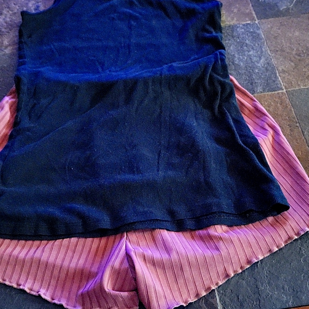 Black tank top with rose polyester ribbed pull on shorts